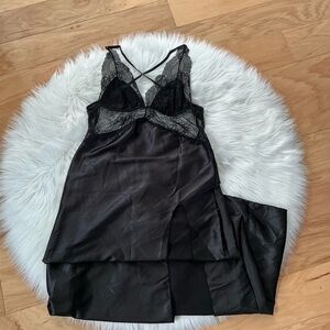 Frederick's of Hollywood Rosalina Rose Lace and Satin Black Lace Chemise Gown